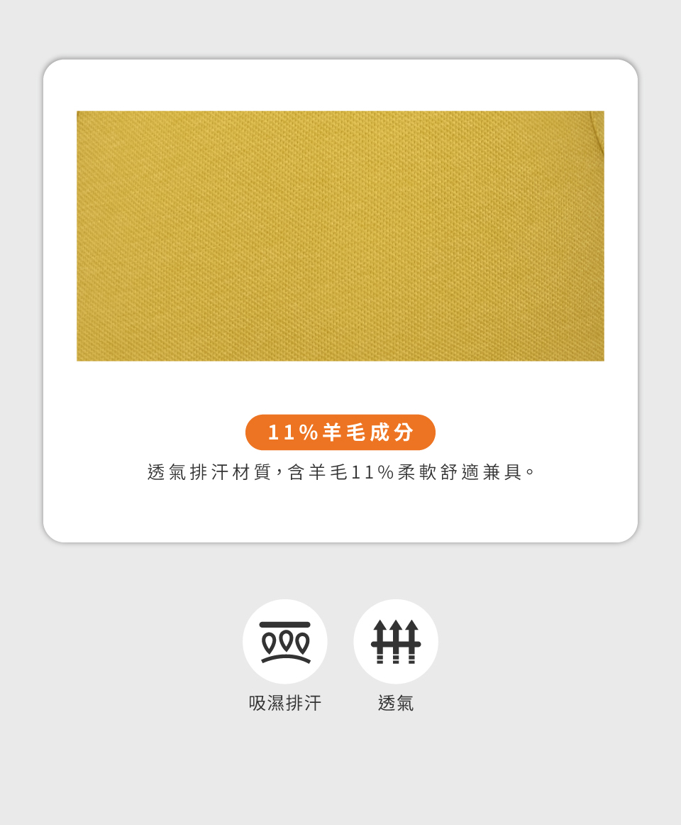 11%羊毛成分透氣排汗材質,含羊毛11%柔軟舒適兼具。吸濕排汗透氣