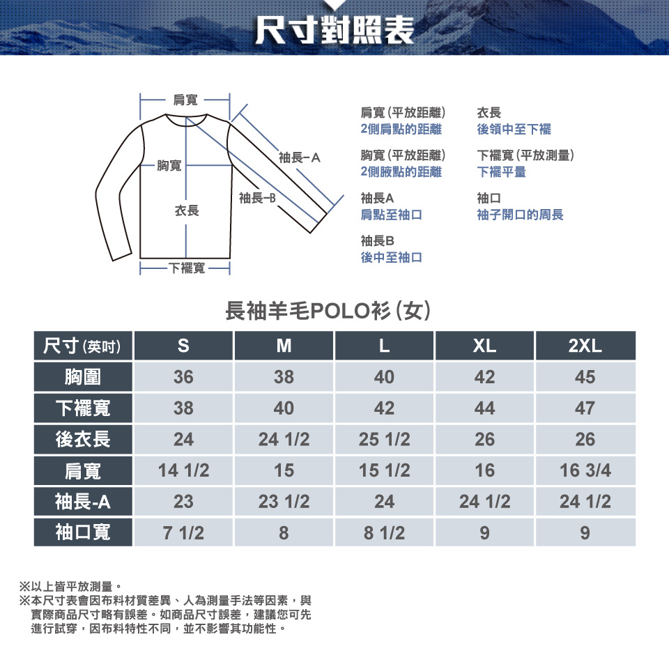肩寬-胸寬尺寸對照表肩寬 (平放距離)2側肩點的距離衣長後領中至下襬袖長胸寬(平放距離)2側點的距離下襬寬(平放測)下襬平量袖長袖長A袖口衣長肩點至袖口袖子開口的周長袖長B後中至袖口-下襬寬長袖羊毛POLO衫(女)尺寸(英吋)MLXL2XL胸圍3638404245下襬寬3840424447後衣長2424 1/225 1/22626肩寬14 1/21515 1/21616 3/4袖長-A2323 1/22424 1/224 1/2袖口寬7 1/288 1/299※以上皆平放測量。※本尺寸表會因布料材質差異、人為測量手法等因素,與實際商品尺寸略有誤差。如商品尺寸誤差,建議您可先進行試穿,因布料特性不同,並不影響其功能性。