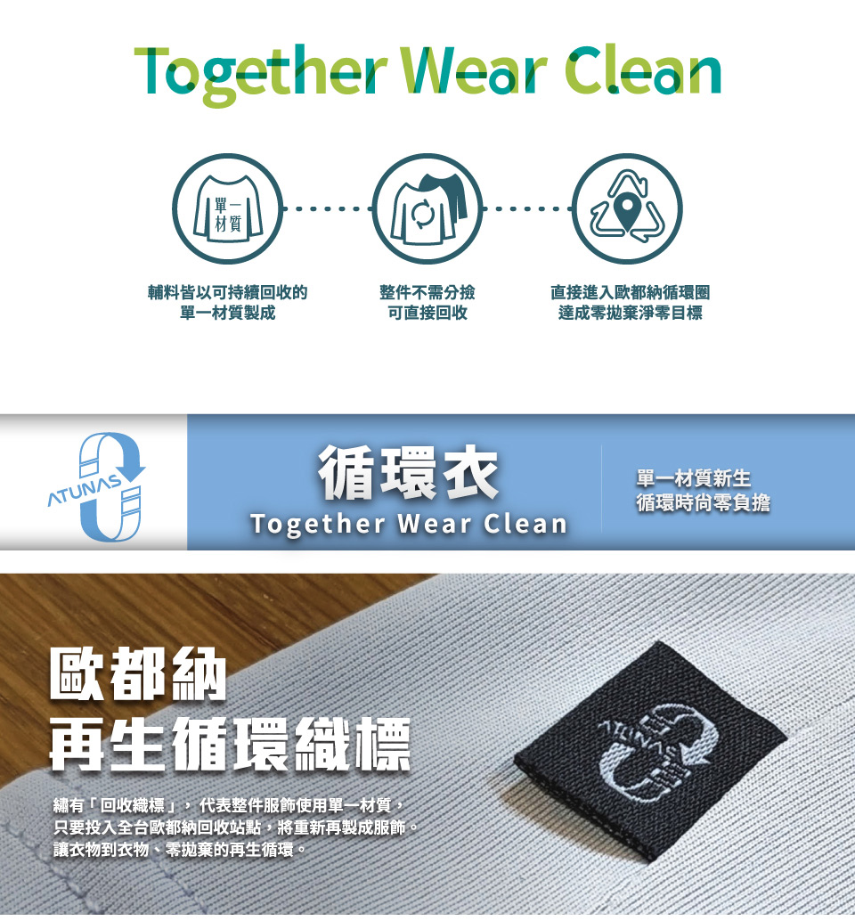 Together Wear Clean輔料皆以可持續回收的單一材質製成整件不需分撿可直接回收直接進入歐都納循環達成零拋棄淨零目標ATUNAS歐都納循環衣Together Wear Clean再生循環織標繡有「回收織標,代表整件服飾使用單一材質,只要投入全台歐都納回收站點,將重新再製成服飾。讓衣物到衣物、零拋棄的再生循環單一材質新生循環時零負擔