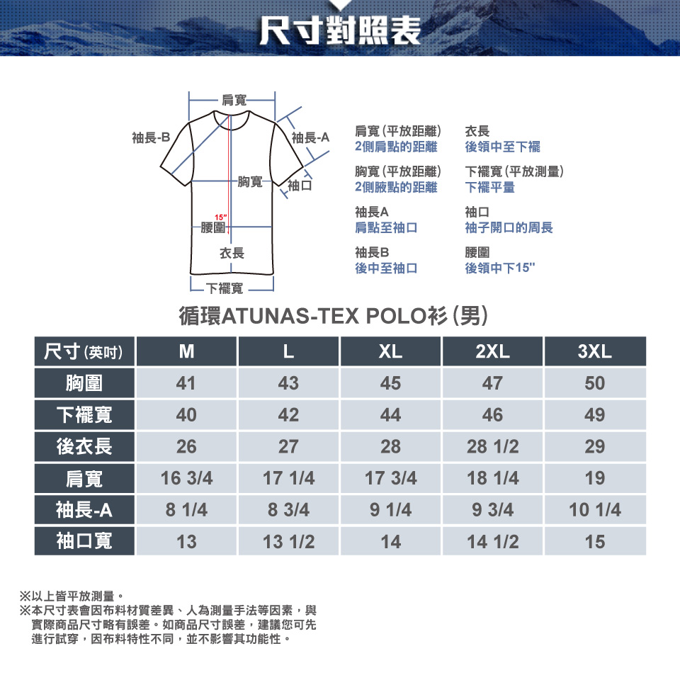 尺寸對照表寬袖長B\袖長-A肩寬(平放距離)2側肩點的距離衣長後領中至下襬一胸寬袖口胸寬(平放距離)2側腋點的距離下襬寬(平放測量)下擺平量袖長A袖口15-腰圍肩點至袖口袖子開口的周長衣長袖長B腰圍後中至袖口後領中下15-下襬寬循環ATUNAS-TEX POLO衫 (男)尺寸(英吋)MLXL2XL3XL胸圍4143454750下襬寬4042444649後衣長26272828 1/229肩寬16 3/417 1/417 3/418 1/419袖長-A8 1/48 3/49 1/49 3/410 1/4袖口寬1313 1/21414 1/215※以上皆平放測量。※本尺寸表會因布料材質差異、人為測量手法等因素,與實際商品尺寸略有誤差。如商品尺寸誤差,建議您可先進行試穿,因布料特性不同,並不影響其功能性。