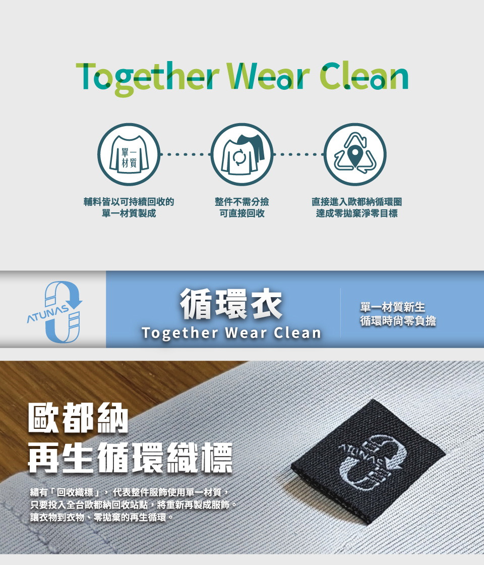 ATUNASTogether Wear Clean輔料皆以可持續回收的單一材質製成整件不需分撿可直接回收直接進入歐都納循環圈達成零拋棄淨零目標循環Together Wear Clean單一材質新生循環時尙零負擔歐都納再生循環織標繡有「回收織標」,代表整件服飾使用單一材質,只要投入全台歐都納回收站點,將重新再製成服飾讓衣物到衣物、零拋棄的再生循環。