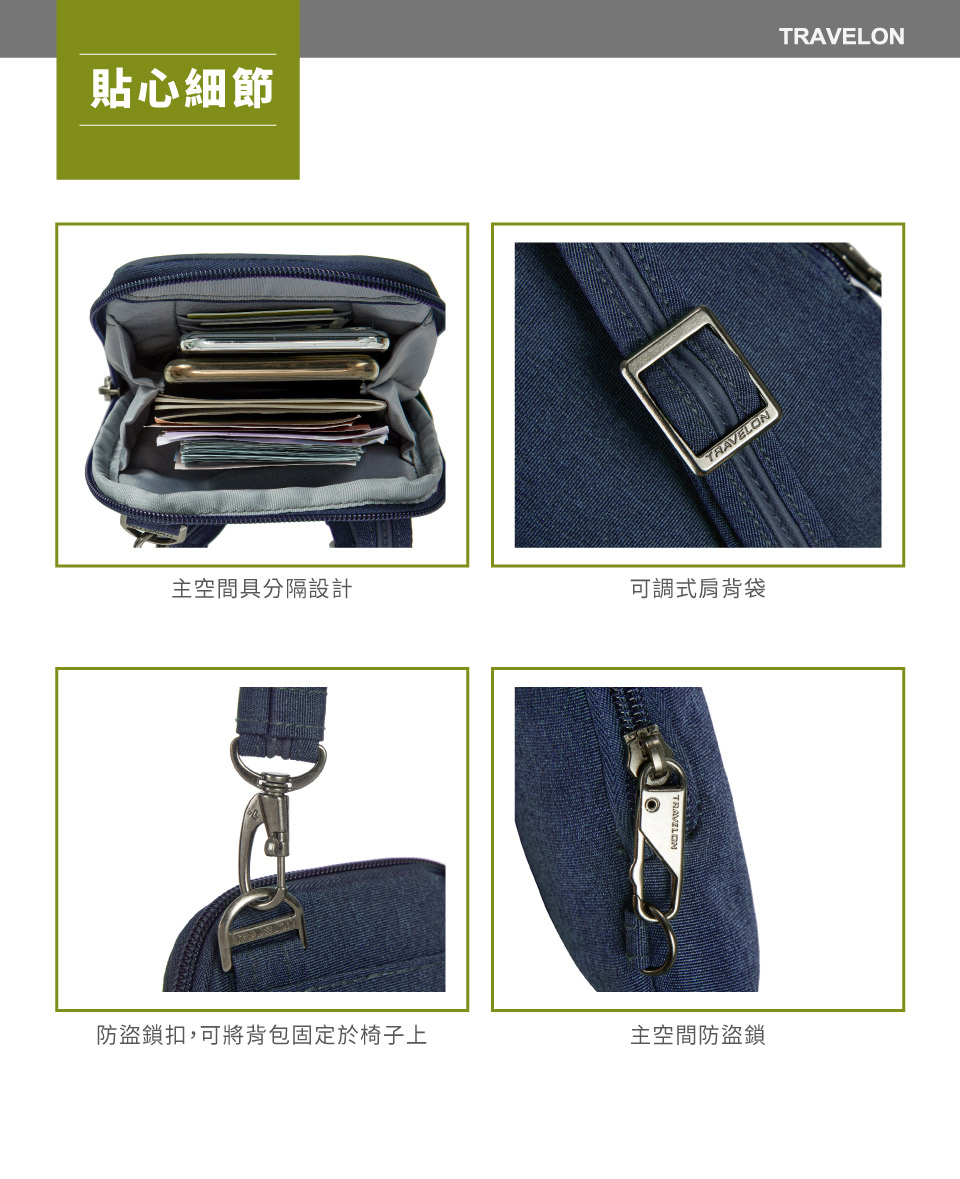 TRAVELON貼心細節TRAVELON主空間具分隔設計可調式肩背袋防盜鎖扣,可將背包固定於椅子上主空間防盜鎖